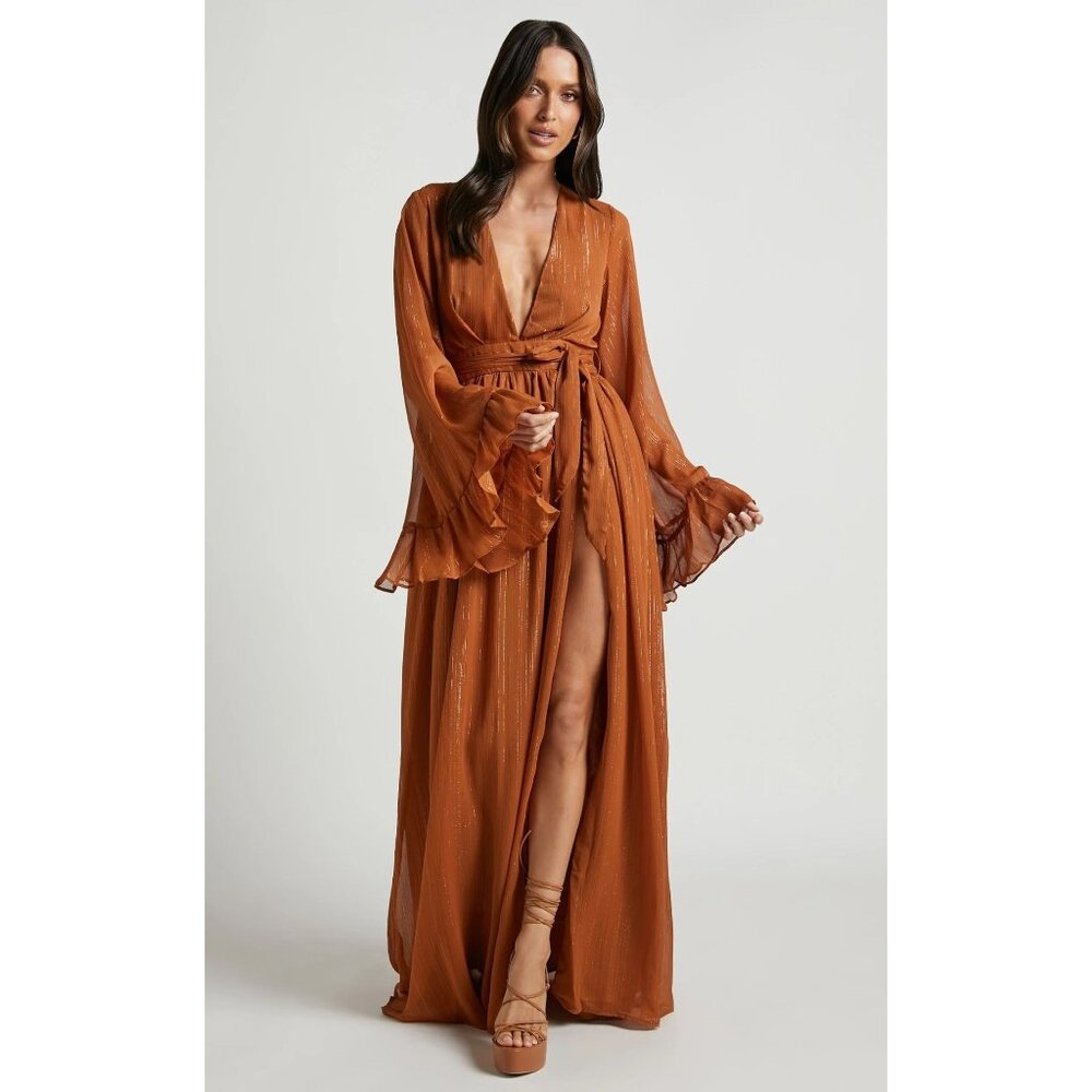 ShowPo women's 4 rust dangerous woman maxi dress plunge thigh split‎ formal